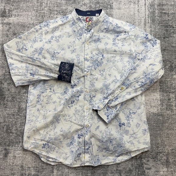 Robert Graham Shirt Men Large White Blue Floral Band Collar Flip Cuff Art Party - Picture 2 of 14
